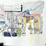 Pen, pencil and watercolour sketch by Ann Williams of Gulbarga railway station, India