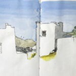 Watercolour and oen sketch by Ann Williams of houses in village of Sa Michaelis, Syros, Greece