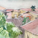 Watercolour sketch by Ann Williams of rooftops in Savannakhet, Laos