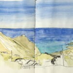 Pen and watercolour sketch by Ann Williams of scenery north of Sa Michaelis, Syros, Greece