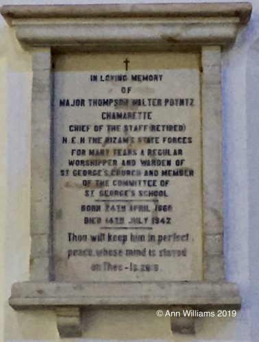 Plaque of Major Thompson Chaumaurette in St George's Church, Hyderabad